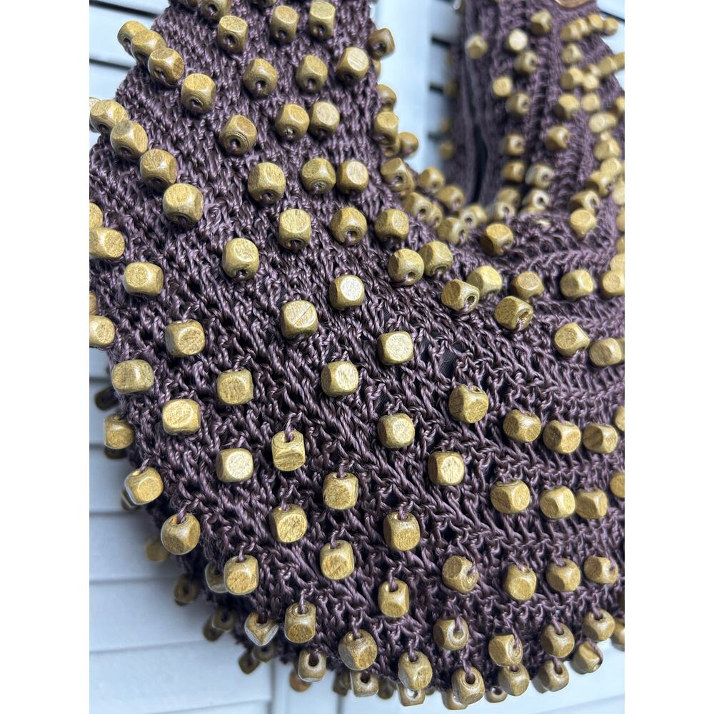 Boho crochet market bag wood bead tote brown earthy festival slouchy purse